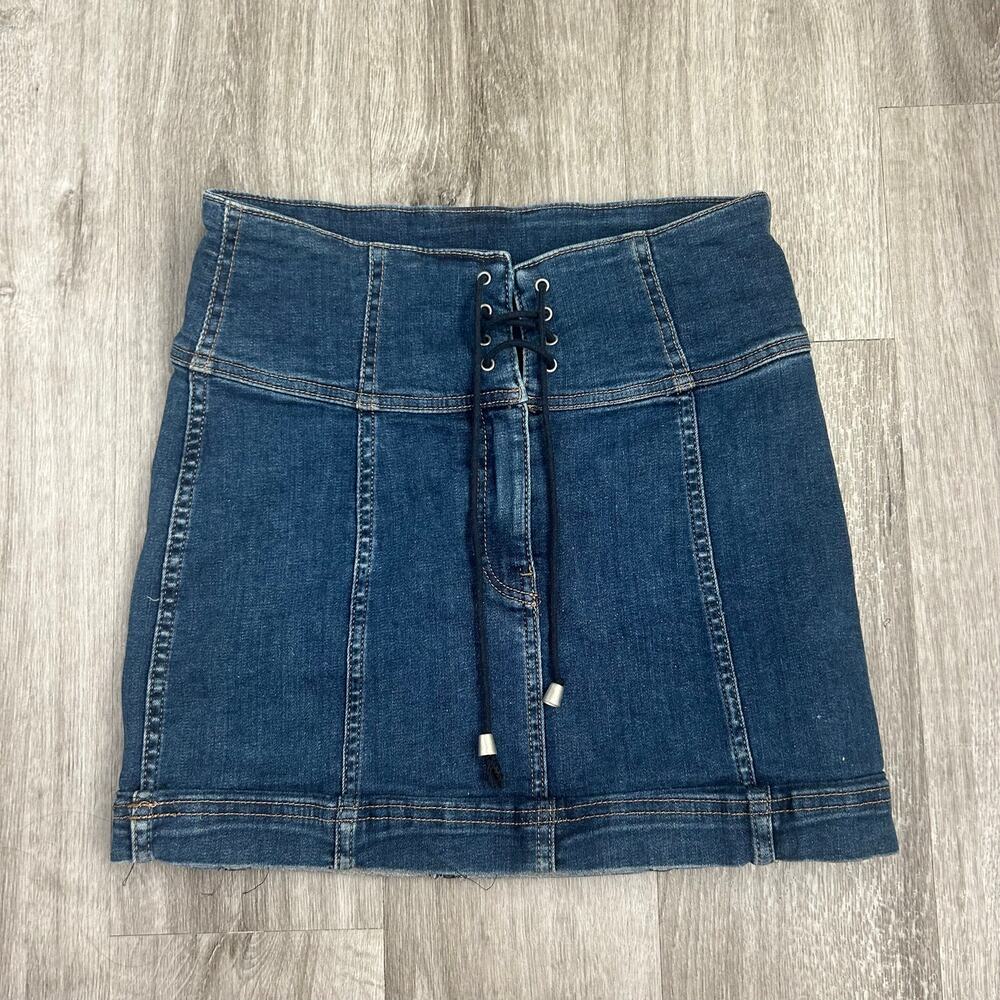 Free People Denim Lace Up Country Western Mini Skirt Fitted Size 6